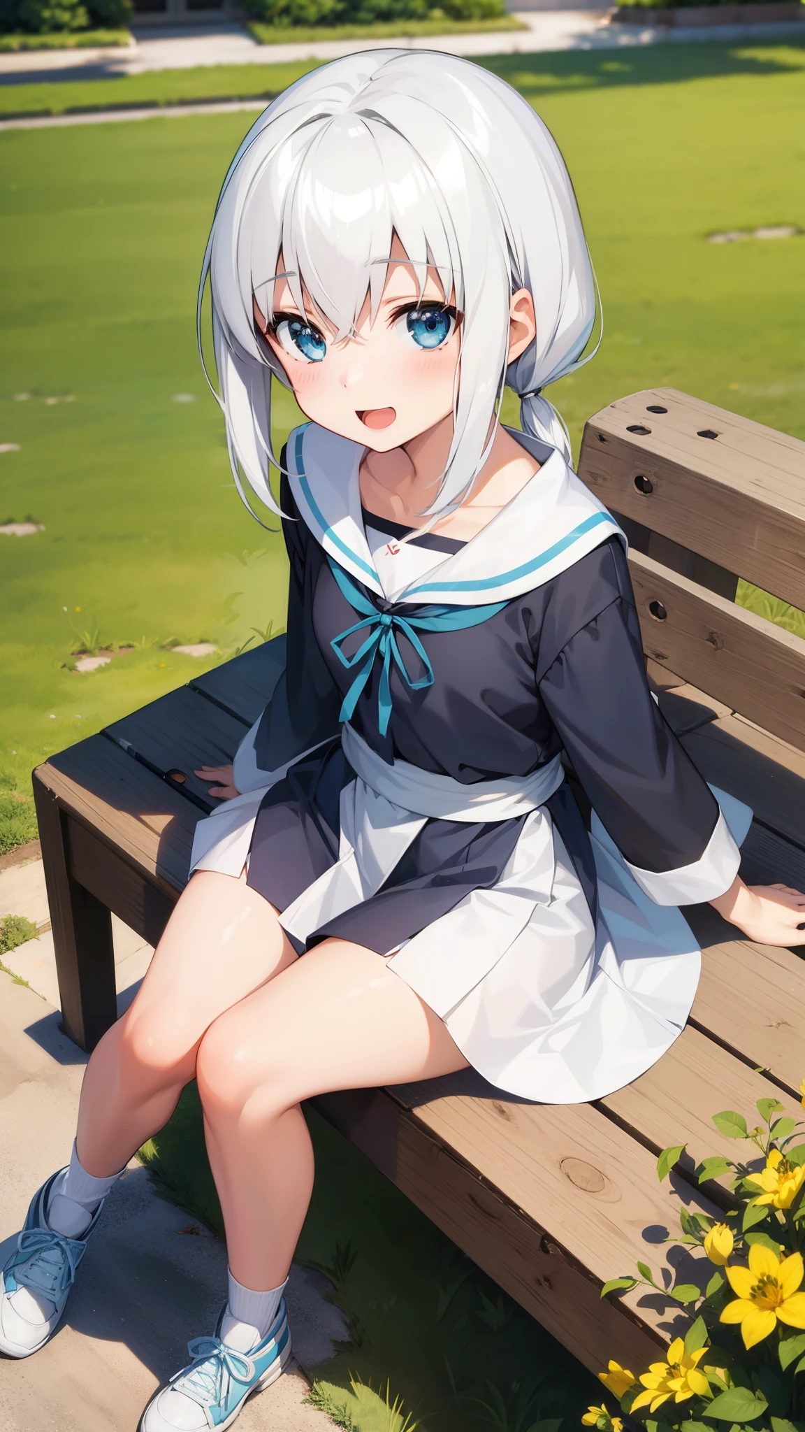 One girl, Shirakami Fubuki, Cute, Look at yourself, Open mouth, Innocent smile, plein air, Sitting, Close to girls, lovely