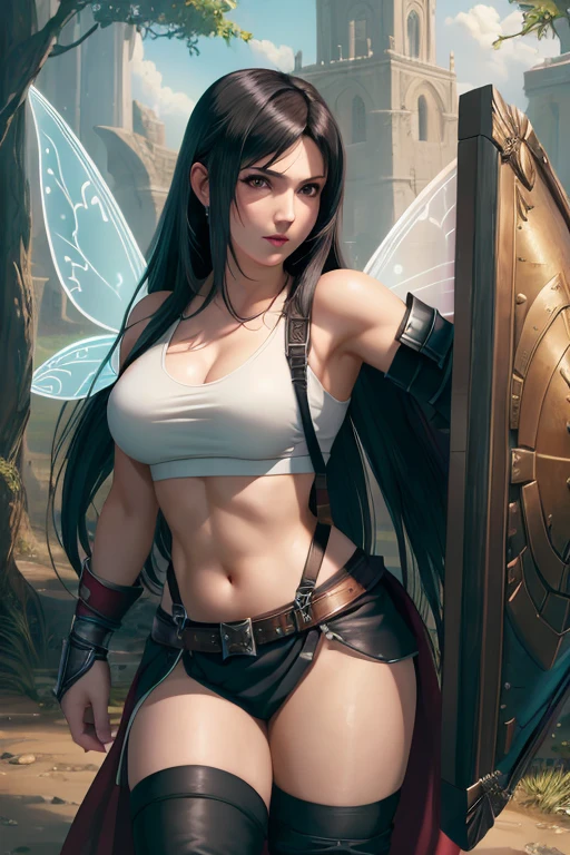 (masterpiece, best quality, high quality, highres), 1girl, extremely beautiful detailed face tifa, tifa lockhart, final fantasy, warrior outfit, (holding a shield in hand++), female knight, medieval, high fantasy, (fairy wings++), glowing shield, (armor+)