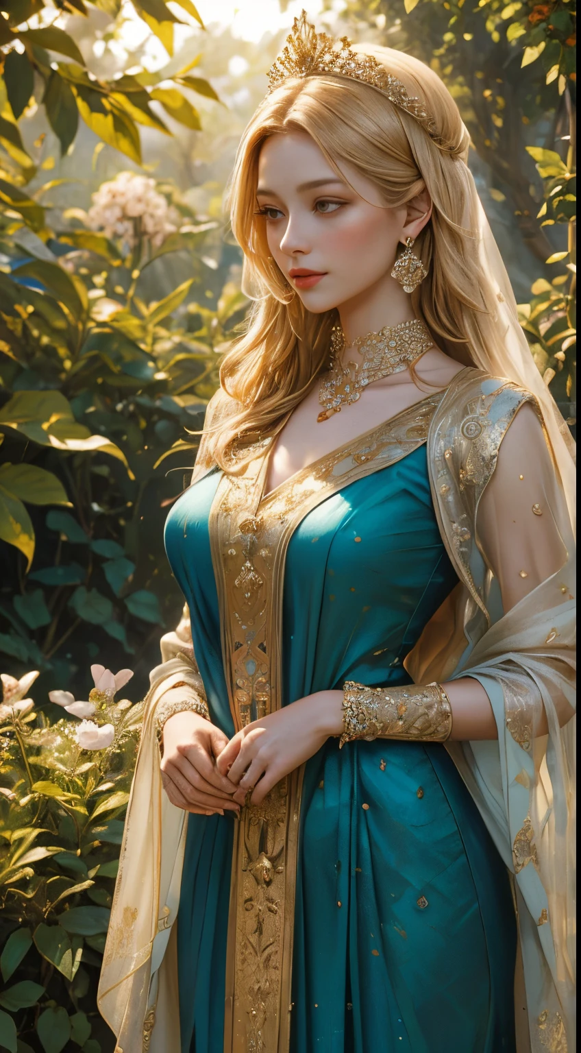 Empress Seraphina,beautiful,detailed eyes,beautiful,detailed lips,extremely detailed eyes and face,long eyelashes,blonde hair flowing down,long,flowing blonde hair,terra,blue ceremonial dress decorated with gold ornament,slim and curvaceous body,sophisticated and elegant posture,standing with pride and grace,in a vibrant and lush garden,with colorful flowers blooming everywhere,with a gentle breeze rustling the leaves,creating a magical aura,soft sunlight illuminating her radiant beauty,basking in the warmth of the golden rays,a crown adorned with precious gemstones,shimmering in the sunlight,reflecting her royal status,dignified and regal,exuding power and grace, surrounded by loyal attendants,attendants in traditional attire,attendants serving her with utmost respect and devotion,in a harmonious and peaceful atmosphere,bathing in the tranquility of the garden,harmony and serenity resonating in the air,(best quality,4k,8k,highres,masterpiece:1.2),ultra-detailed,(realistic,photorealistic,photo-realistic:1.37),vibrant colors and exquisite details,bringing the scene to life,with a touch of ethereal beauty,like a scene from a fairytale painting,immersed in a dreamlike ambiance.