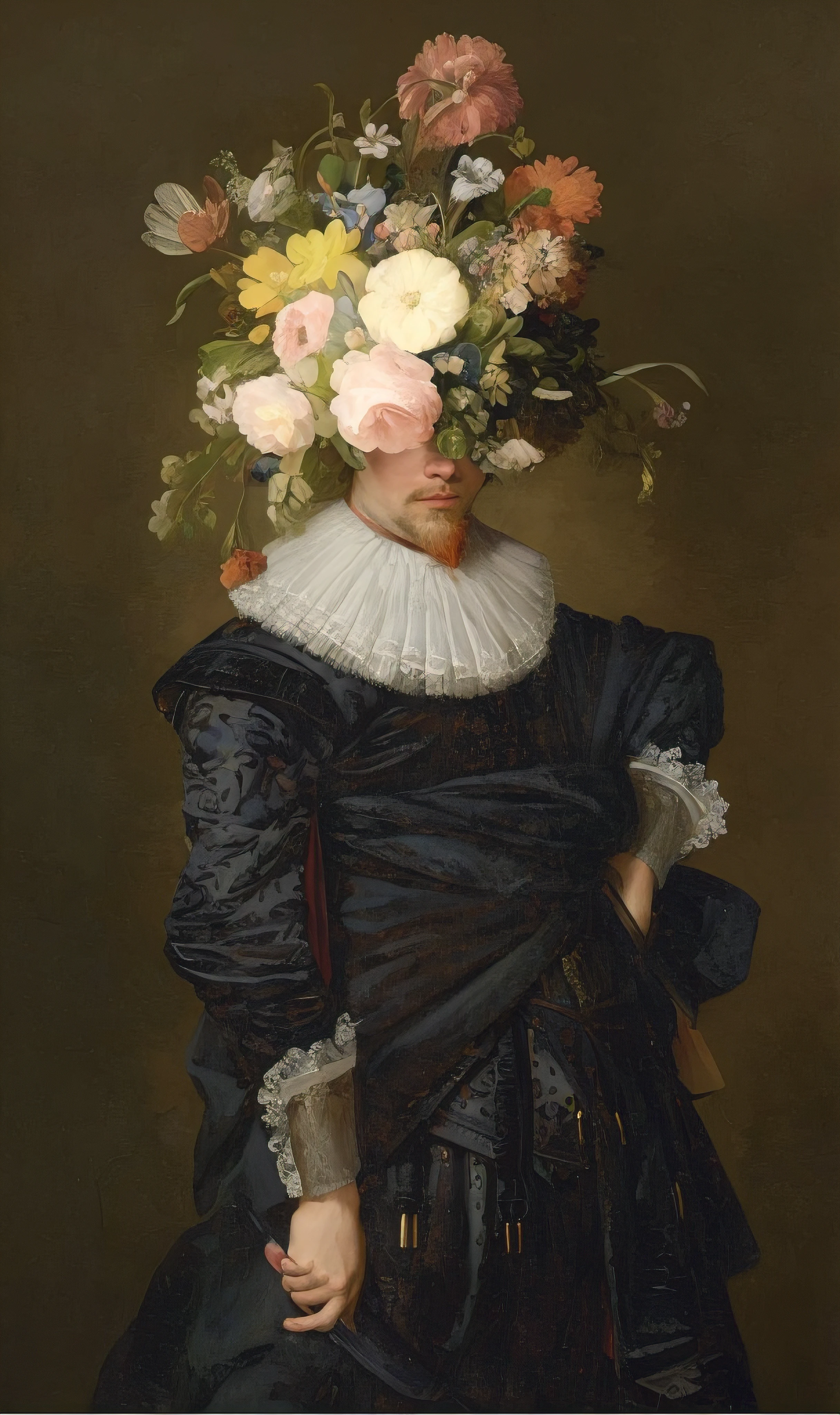 painting of a man with a flowered headpiece and a fan, inspired by Bartholomeus van der Helst, turban of flowers, frans hals style, inspired by Frans Hals, inspired by Willem van Haecht, inspired by Gerard de Lairesse, inspired by François Boquet, inspired by Karel Dujardin, baroque digital painting