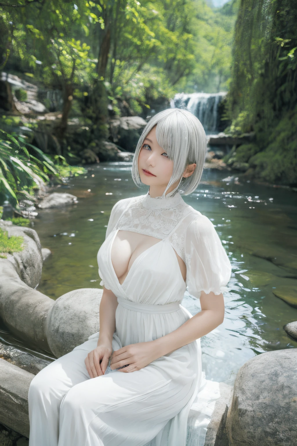 ((High quality)),masutepiece,(Detailed depiction of local details:1.2),1girl in,Blue eyes,Plump breasts,Enchanted Valley,Closed mouth,Eyelashes,Looking at Viewer,Portrait,Solo,Upper body,White hair,White theme,Short hair,Silver hair,Yorha No. 2 Type B,Emphasize the valley、thin-waist、long legged、all-fours、White dress