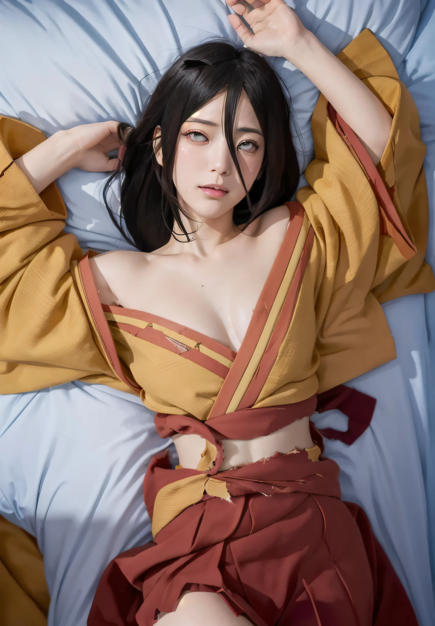 realistic photo, 8k masterpiece, hanabi hyuuga lying on a bed with clothing ripped open