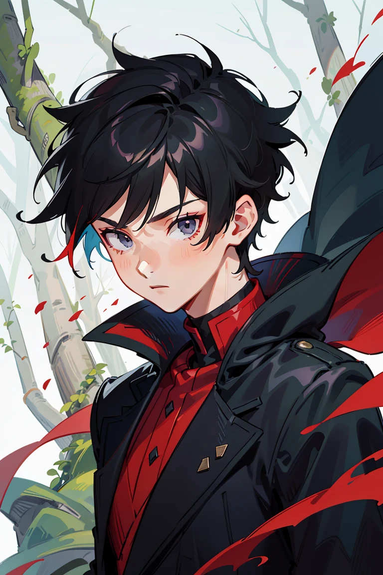 A young man with spiky short black hair wearing a black cape with red trim, stands confidently in front of a vividly colored forest. The detailed CG unity 8k wallpaper in the background displays an ultra-detailed and realistic portrait of the young man with grey eyes. His grey eyes are extremely detailed. The sharp focus captures every intricate feature of his face, highlighting his hair and expressive grey eyes. The forest art atmosphere enhances the overall aesthetic quality of the image, making it a true masterpiece. The young man's outfit adds vibrant dashes of color to the composition. The inclusion of his grey eyes further accentuates his unique personality. The attention to detail and vivid colors make this artwork a visually stunning and captivating piece.