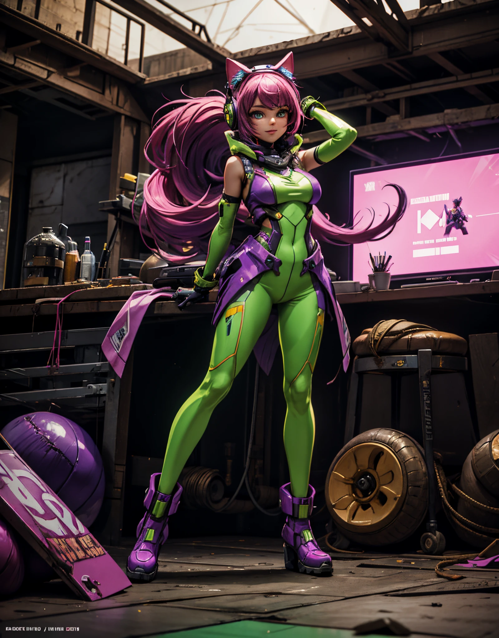 (((Full_body))) Studio art photo raw  ((32k UHD high detail, 16k HDR cinematic art)) “A dystopian masterpiece in 4K, capturing the mecha_musume purple_glitter style with vivid details in green and yellow, immersed in cyberpunk chaos. | In a dystopian underground setting, a stunning 30-year-old woman emerges dressed in a mecha_musume purple_glitter costume, standing out with her vibrant details, accompanied by imposing cyber boots. His pious eyes fixate intensely on the viewer, while a graceful smile adorns his face, accentuated by a headset with cat ears. The short pink hair, with voluminous fringe on the right eye and two maria-chiquinhas, creates a fascinating contrast with the deteriorated environment of the underground oasis. Between clear water, mud, plumbing and ruined concrete structures, the vision  an intriguing and horrifying experience of cybernetic horror."  | {The camera  positioned very close to her, revealing her entire body as she adopts a dynamic_pose, interacting with and leaning on a structure in the scene in an exciting way.} | ((perfect_pose):1), She  adopting a ((dynamic_pose as interacts, boldly leaning on a structure, leaning back in a dynamic way):1.3), ((full body)), ((hands_with_5_fingers):0.6), ((perfect_hands):0.6), ((perfect_fingers):0.6), ((perfect_legs):0.6), better_hands, More Detail".