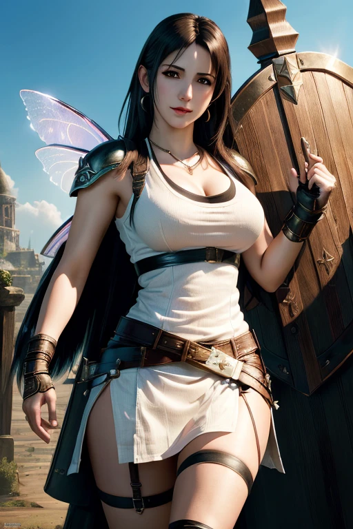 (masterpiece, best quality, high quality, highres), 1girl, extremely beautiful detailed face tifa, tifa lockhart, final fantasy, warrior outfit, (holding a shield in hand++), female knight, medieval, high fantasy, (fairy wings++), glowing shield