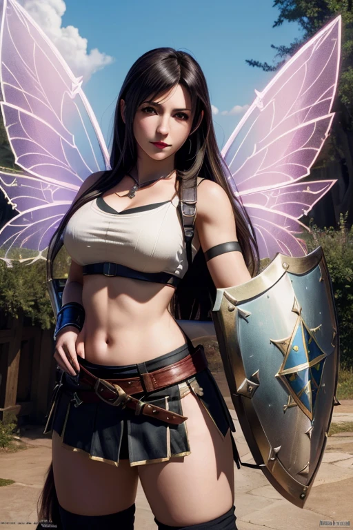 (masterpiece, best quality, high quality, highres), 1girl, extremely beautiful detailed face tifa, tifa lockhart, final fantasy, warrior outfit, (holding a shield in hand++), female knight, medieval, high fantasy, (fairy wings++), glowing shield