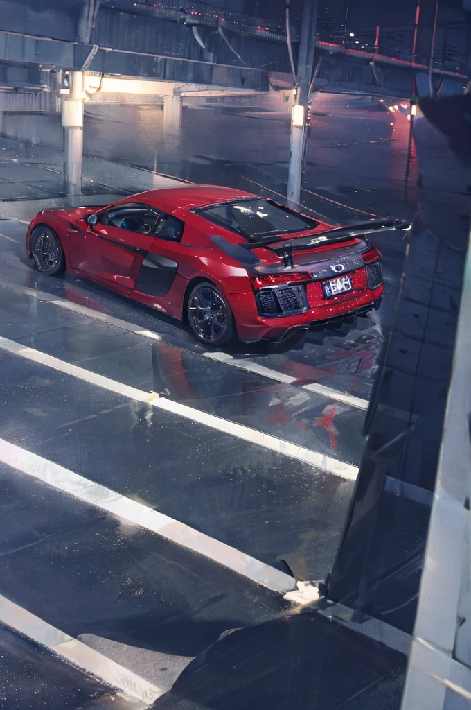 Komi, , long purple hair, purple eyes, white shirt, black skirt, official, standing in front of (Audi R8), night, raining, background