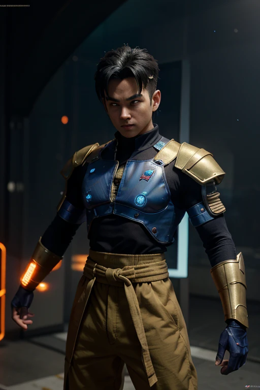 “Develop a 3D image of Gohan from Dragon Ball with cyberpunk armor, displaying holographic control panels on its forearm and a pair of mechanical wings, em uma cena de voo emocionante.”