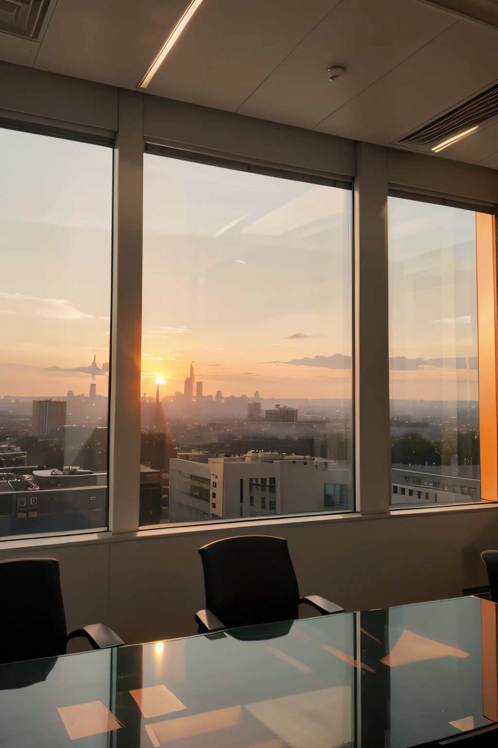 office building, orange sunset, city in background, glass computer code