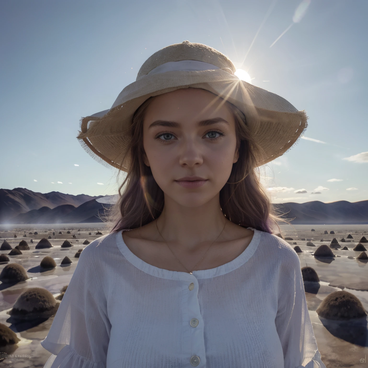 1fille, extremly detailed, Realstic, (beautiful detailed glow), Lens Flare, cheveux roux, Cheveux longs, cheveux flottants, sourire, yeux bleus, Robe blanche, seins moyens, Haut du corps, Plan large, Chapeau de paille, ((Salar de Uyuni)), lever du soleil, nuage, contre-jour, Ciel violet, Ciel jaune, Degraded sky, Mains sur le chapeau