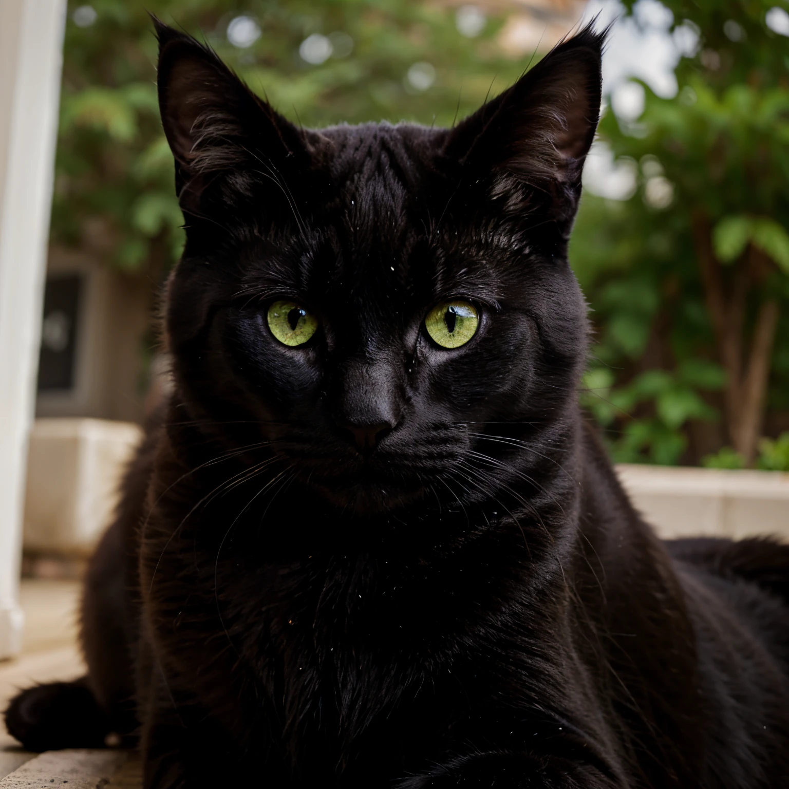 Black cat with a white circular spot between his green eyes