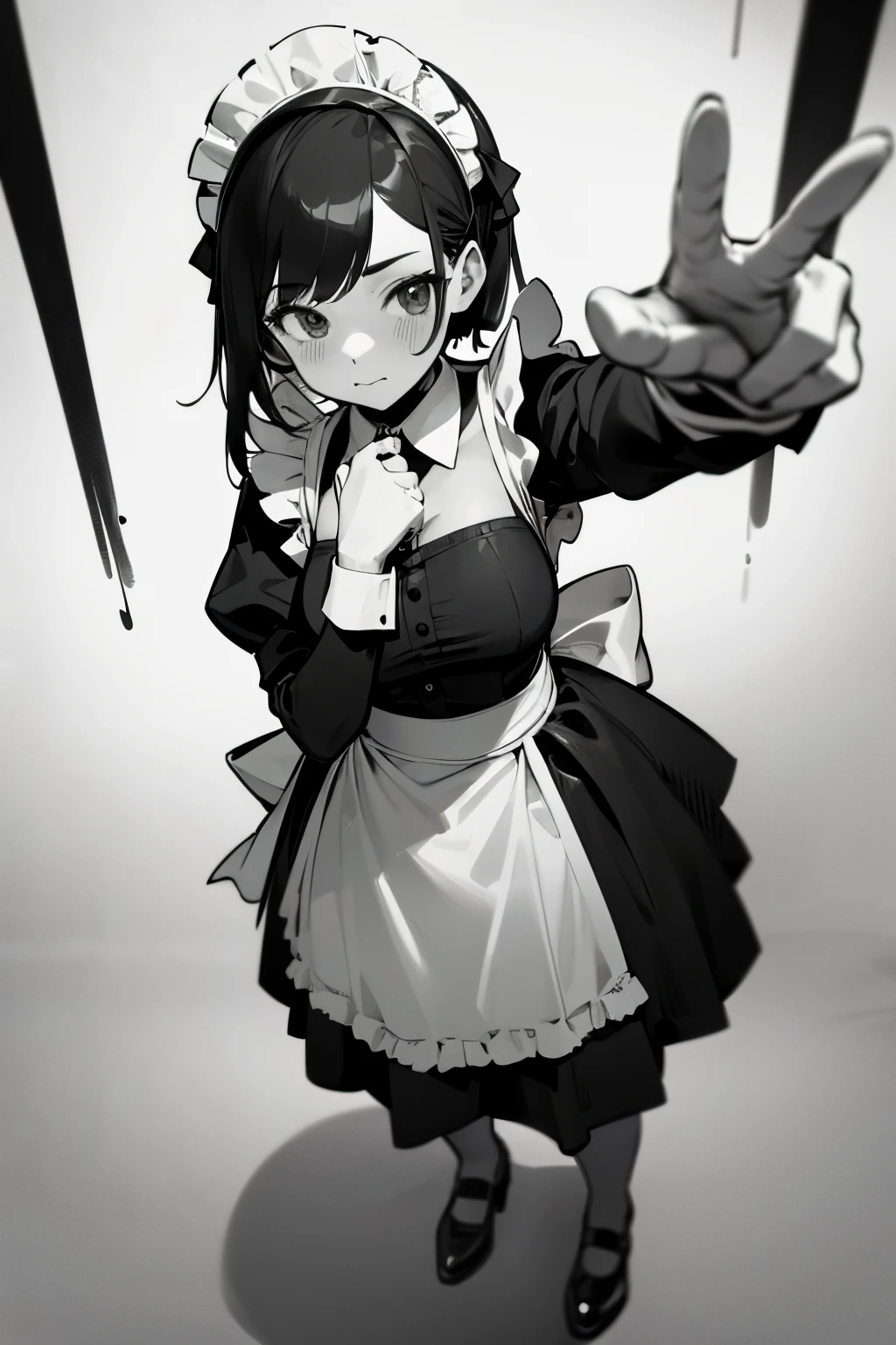 perspective, random pose, maid, maid costume, 1girl, teen girl, monochrome, correct hands, simple render, thick line