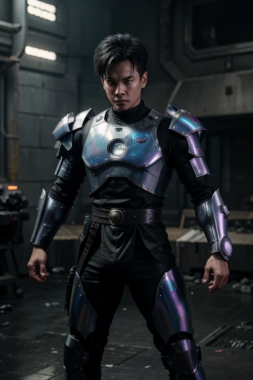 “Imagine a 3D image of Gohan wearing cyberpunk armor, with a futuristic energy sword and a holographic shield, in an epic battle against robotic enemies.”