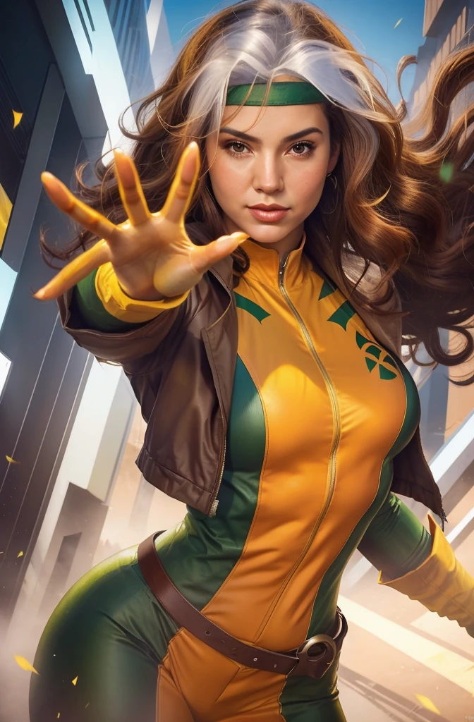 uma mulher com uma roupa amarela e verde com o punho levantado, Chris Moore. Artgerm, Retrato de Jean Grey, Steven Artgerm Quatro, jean cinza, Artgerm extremamente detalhado, no estilo Artgerm, graphic artist artgerm, Artgerm Greg Rutkowski _ Greg, Stanley Artgerm Lau, estilo Artgerm