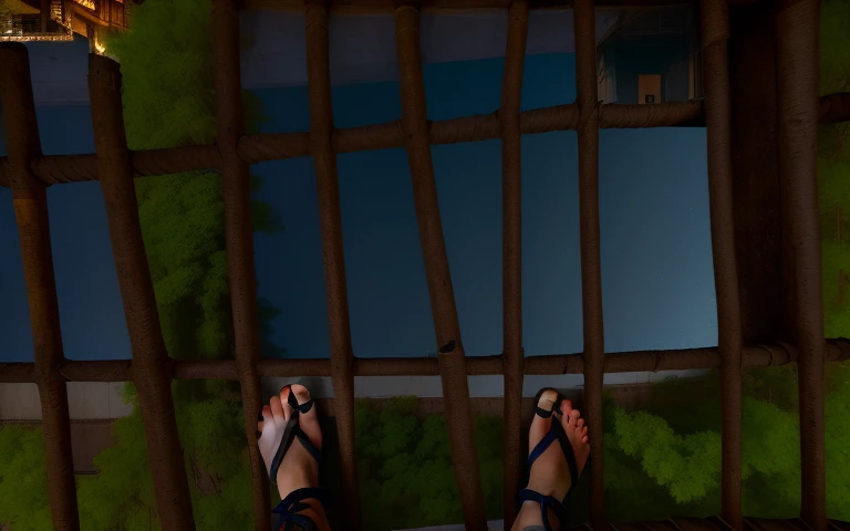 (a person) standing in a prison cell, lifting his feet, standing on top of a mast, detailed legs shot upwards, in a treehouse, lattice roots, barefoot wearing sandals, viewed from slightly below, sitting in a jail, barefoot, standing on a ladder, sitting on a reflection pool, next to a tropical swimming pool, sitting in the reflection pool.