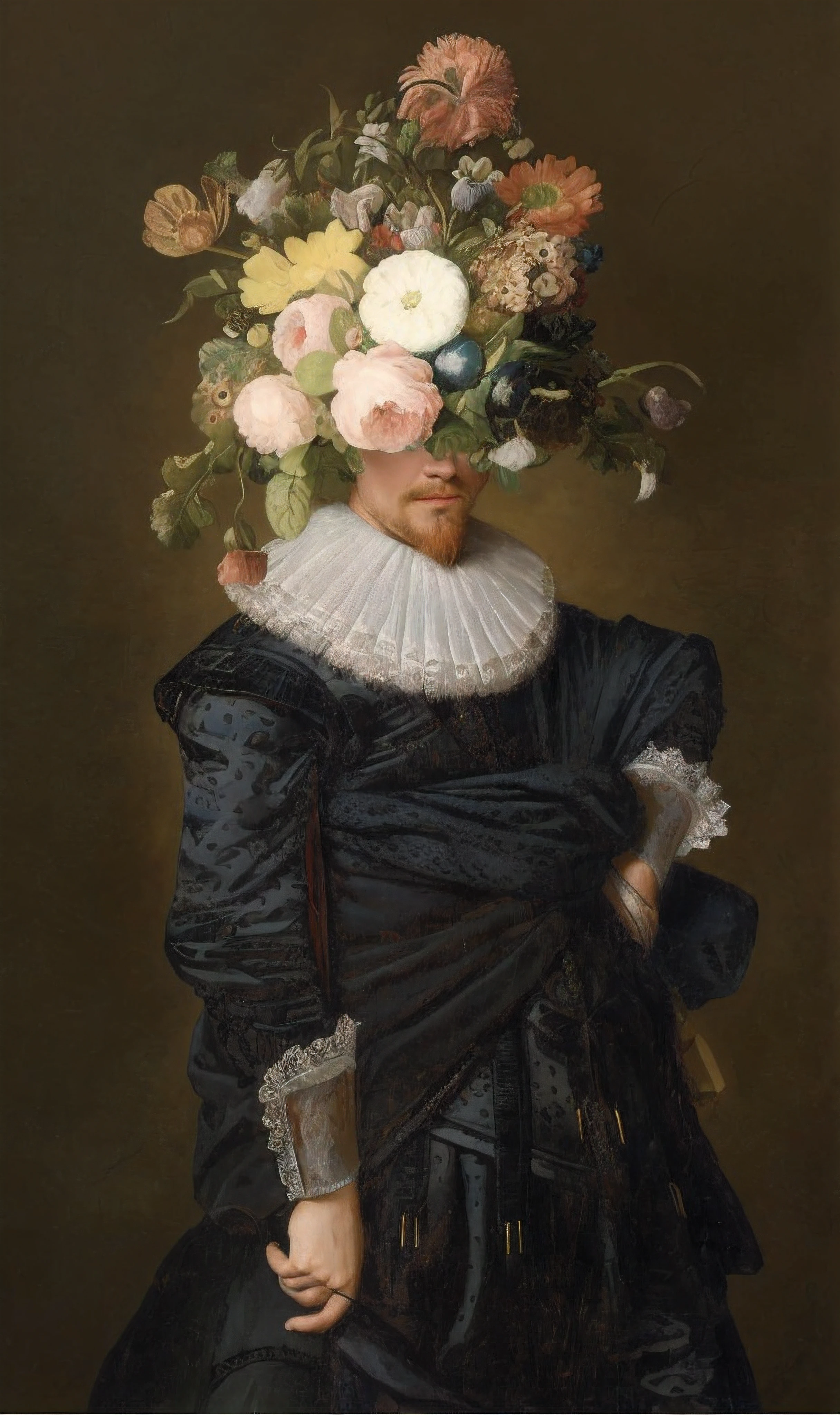 painting of a man with a flowered headpiece and a fan, inspired by Bartholomeus van der Helst, turban of flowers, frans hals style, inspired by Frans Hals, inspired by Willem van Haecht, inspired by Gerard de Lairesse, inspired by François Boquet, inspired by Karel Dujardin, baroque digital painting