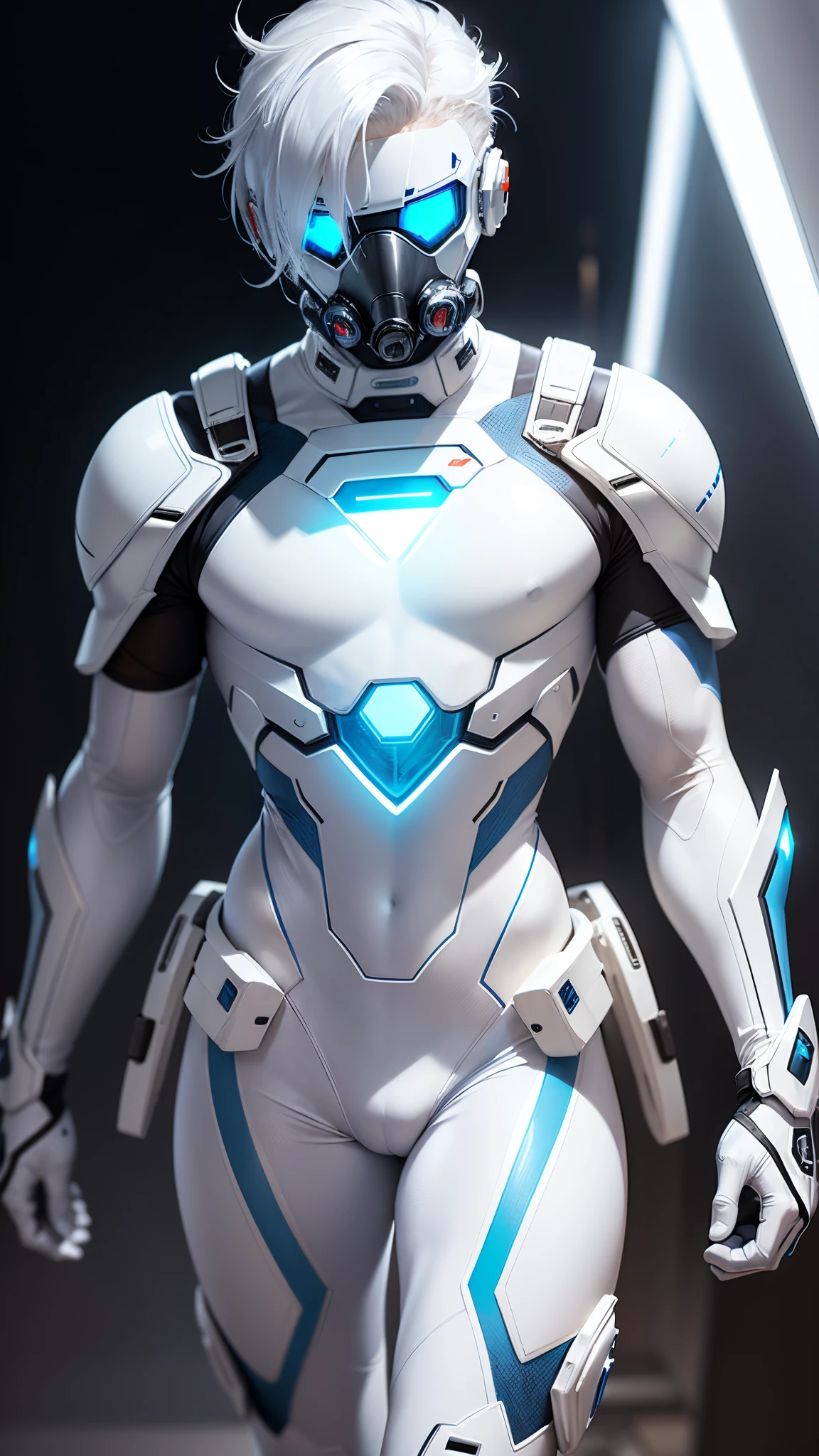 body suit, white and blue suit, futuristic suit, white gauntlets, white gloves, white hands, skin tight bodysuit, toned male, teenager, young male, futuristic gas mask and vizor, bodysuit, futuristic, sci fi, hands seen, hair visible, solo male, full body seen, white hair