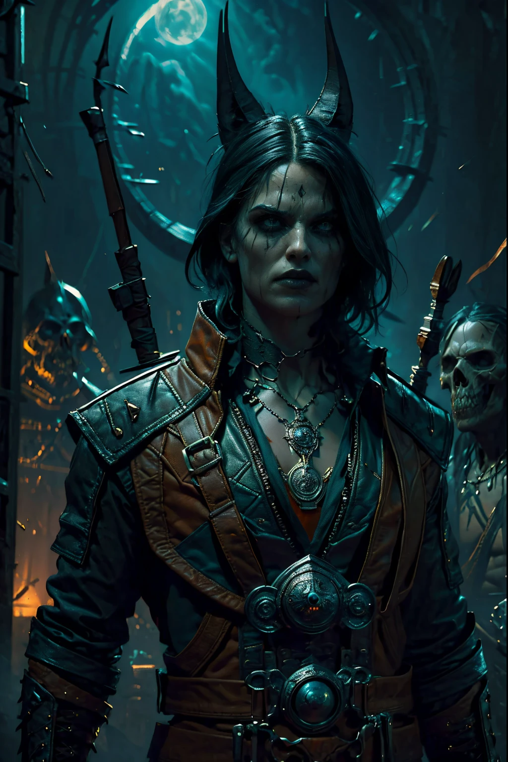 evil, Gothic art, chiaroscuro, tachi-e, projected inset, dutch angle, emphasis lines, masterpiece, ccurate, anatomically correct, highres, best quality, super detail, award winning，D14bl0 style witcher，Van Helsing，(((femele)))，(Busty and sexy），Bigchest，Beautiful face，Gothic leather jacket，archers，（Sexual suggestiveness），Epic war fantasy digital art，(greg rutkovsky:0.8), (cyan and orange:0.4），character chart, tachi-e