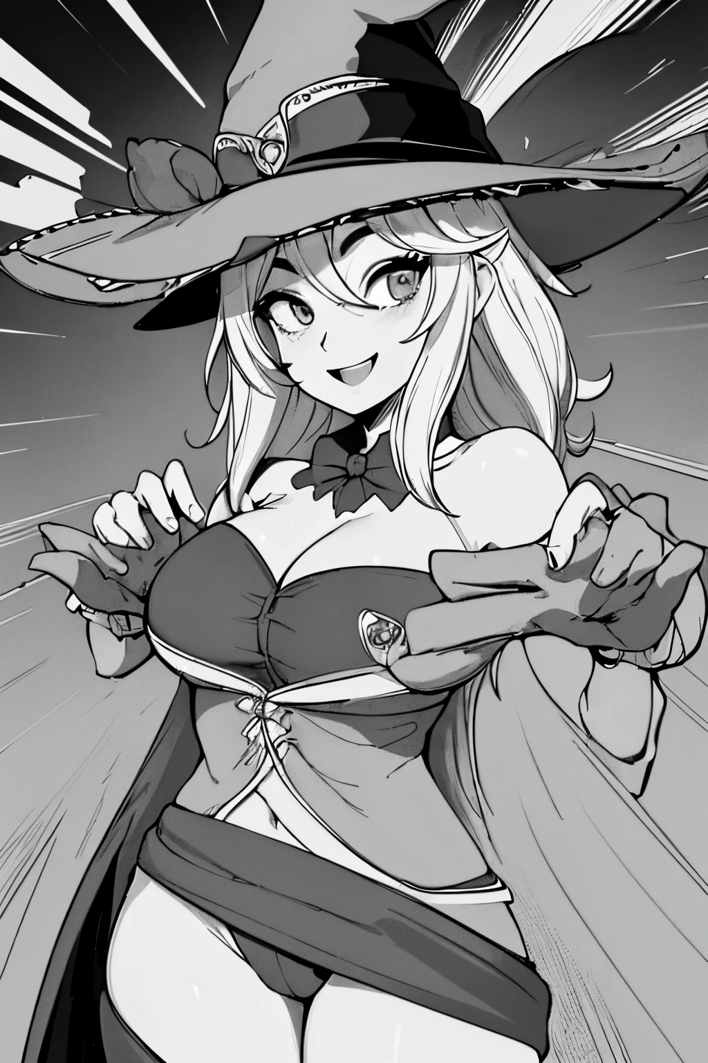 ((master part,best quality)), absurdos, HMDMG1, wizard hat, corar, adesivos de corar, clivagem, bareshoulders, vestir, fora do ombro, sozinho, sorridente, Olhando para o Viewer, cowboy shot, cinematic composition, dynamic pose, hentai, porn, sex