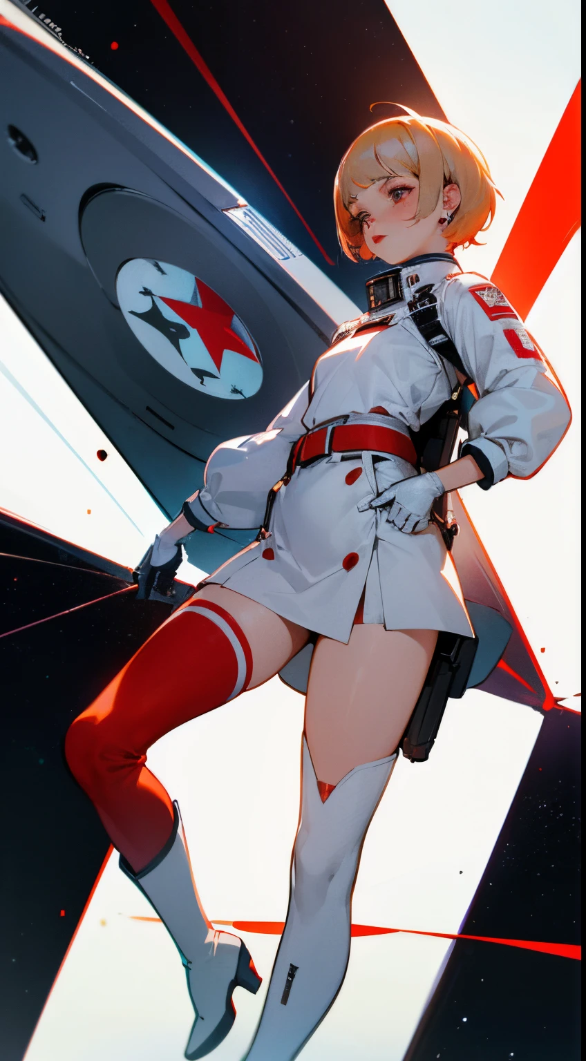 Realistic photo, best possible quality, woman with 22 year old appearance, a little overweight, plus-size chubby, white, short hair blonde, few freckles on her face, red lipstick, small discreet red star earrings, futuristic white short helmet with red star on high relief, white clothing with a red line in the center up to the waist and a red star on the chest, yellow belt with holster and futuristic space pistol, white skirt above the knees, large white knee-high boots with a star on the knee-high boots, space station vintage futuristic, skirt, location lost alien planet