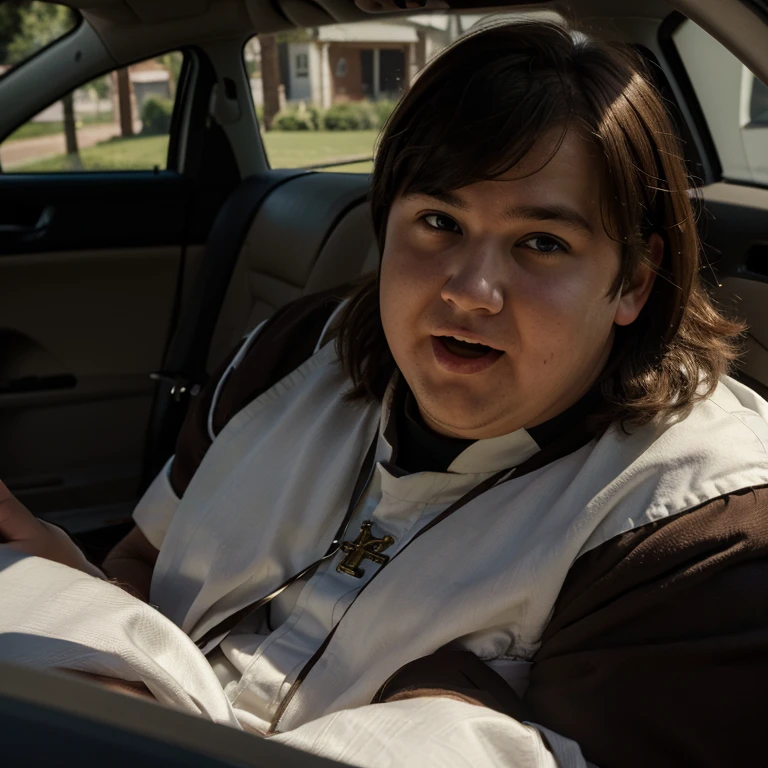 (masterpiece, top quality, a chubby young priest in a car, making a funny face, brown hair,