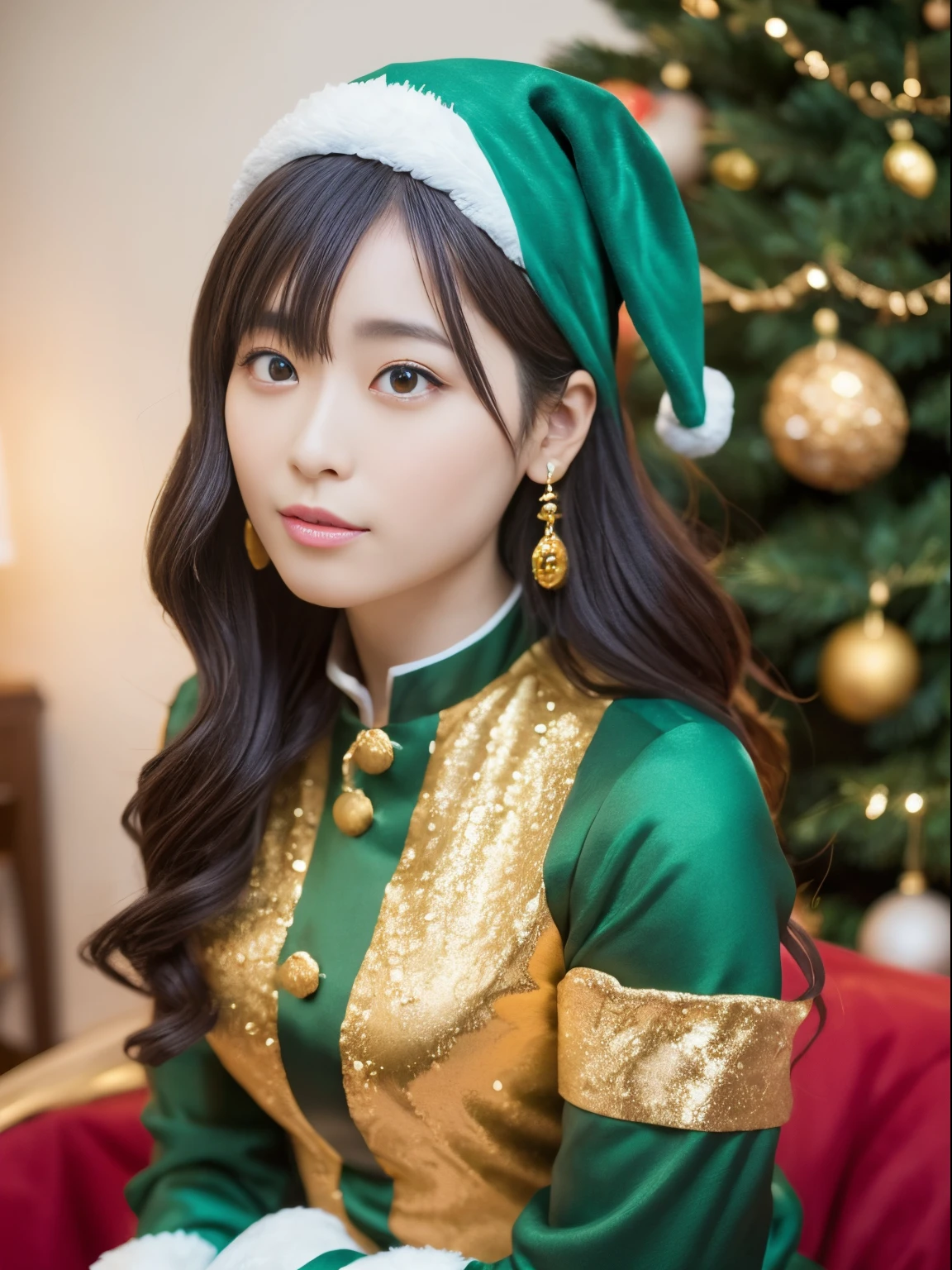beautfull Japanease woman，(green and gold santa claus costume：1.5)，Christmas tree，Black hair, surrealism, F/1.2, 35 mm, Fuji Film, 8K, Super Detail, nffsw, masutepiece, ccurate, Anatomically correct, Textured skin, Super Detail, high details, High quality, Best Quality, hight resolution