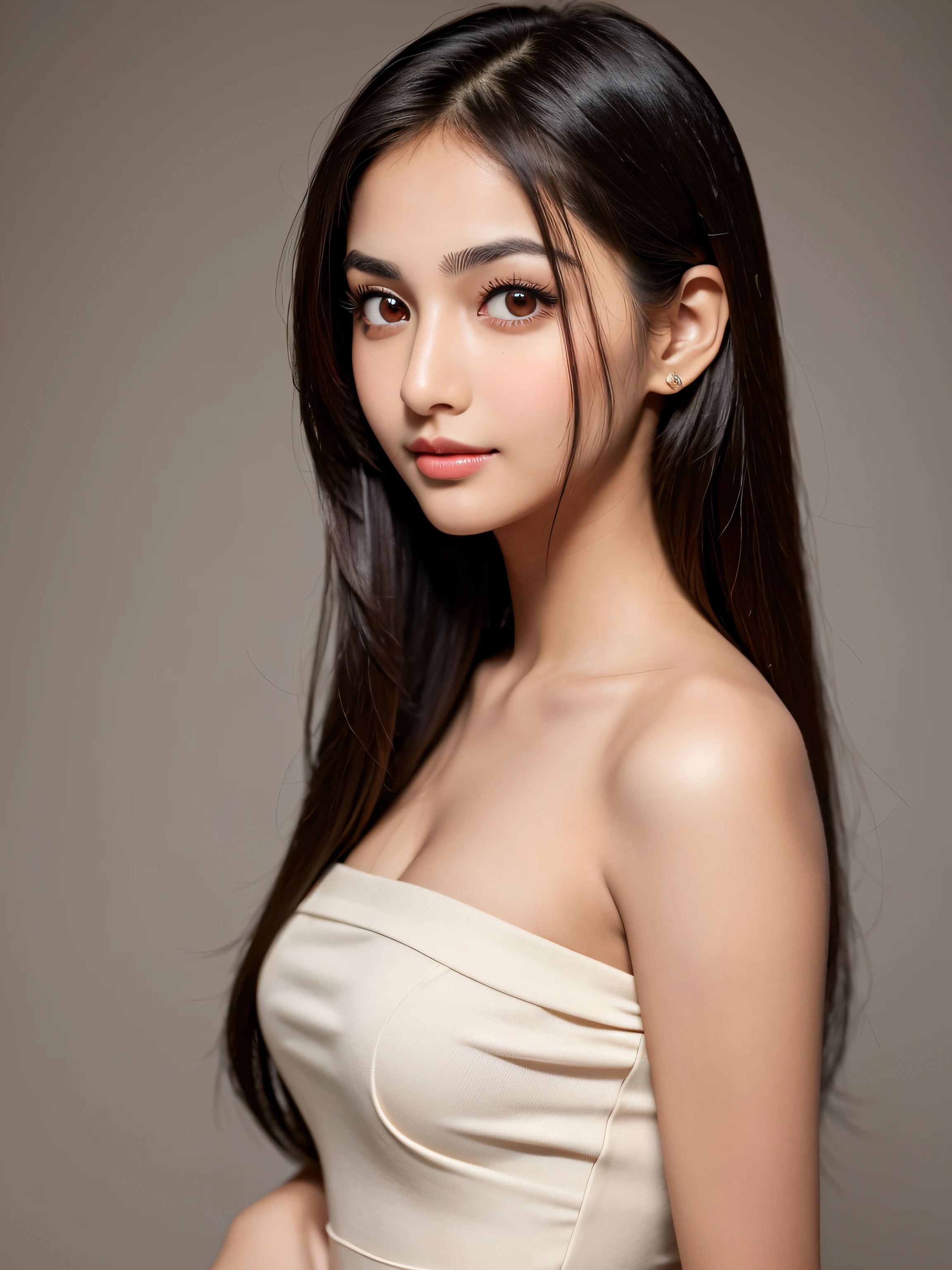 (Masterpiece+realistic), (8K), Realistic, headshot portrait, (best quality), a gorgeous young woman with black hair and dark brown eyes, (round face shape), desi skin color, very beautiful eyes, long beautiful hair, most beautiful almond eyes, so beautiful, outstandingly beautiful, stunningly beautiful, ((very thin eyebrows)), very attractive lips, prominent cheeks, beautifully rounded chin, very attractive jaw very cute young woman with brown desi skin color, closed smile, wearing a tight strapless dress, white backdrop