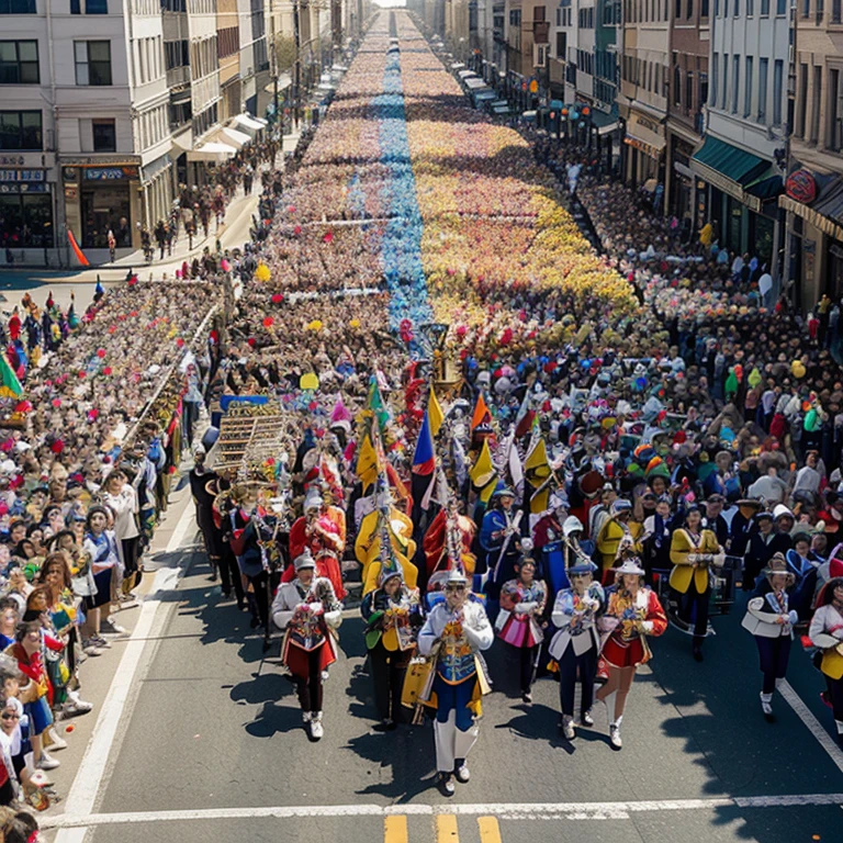 A classic colorful saturated big marching band parading down the street in a parade with instruments lots of people confetti wide shot far parade floats