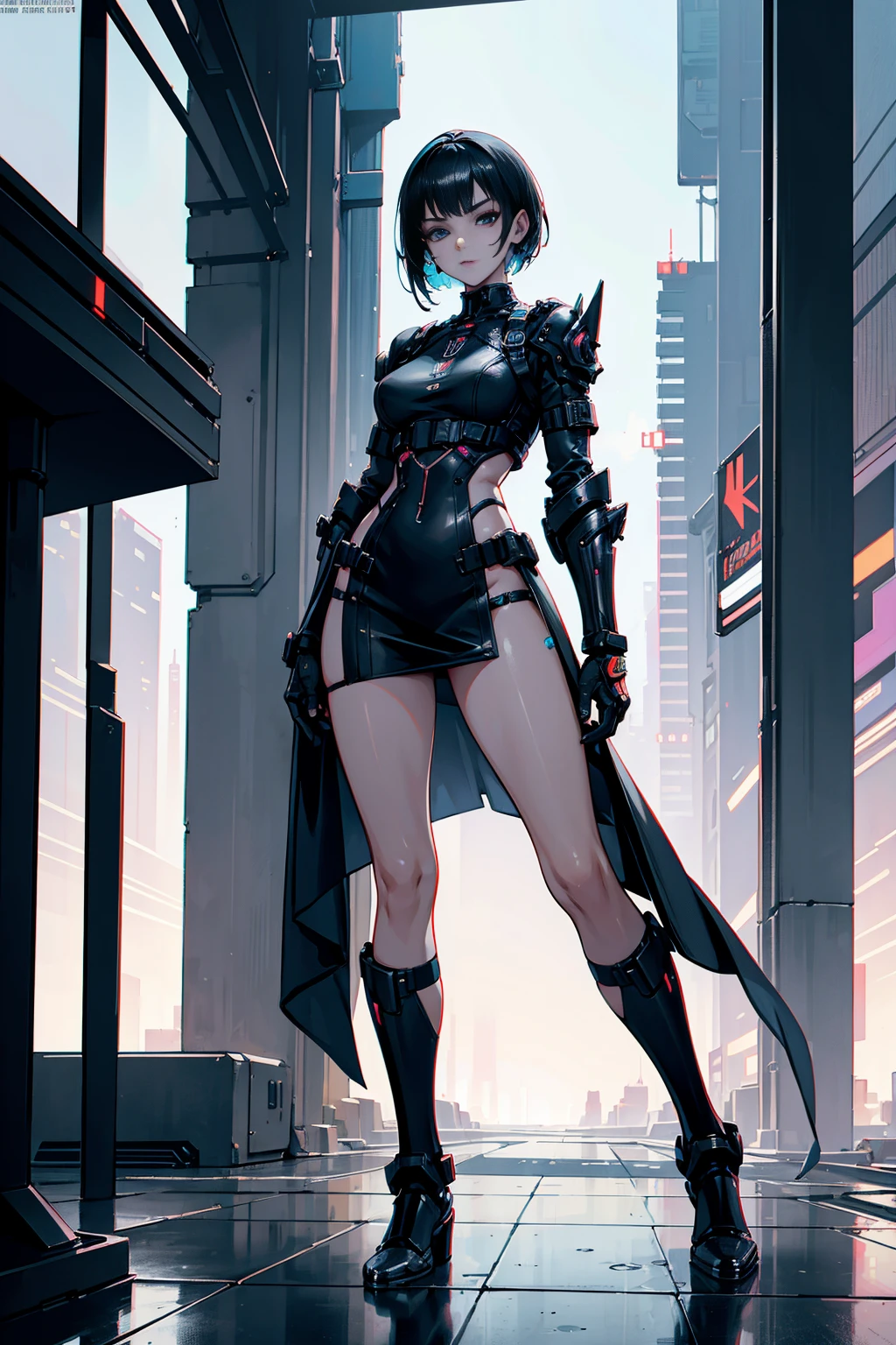 "Full body representation (from feet to head), frontal, 1girl, beautiful cyberpunk princess dressed in armor and short hair. The image must be hyper-realistic, with an extremely detailed face. Texture resolution must be 16k."