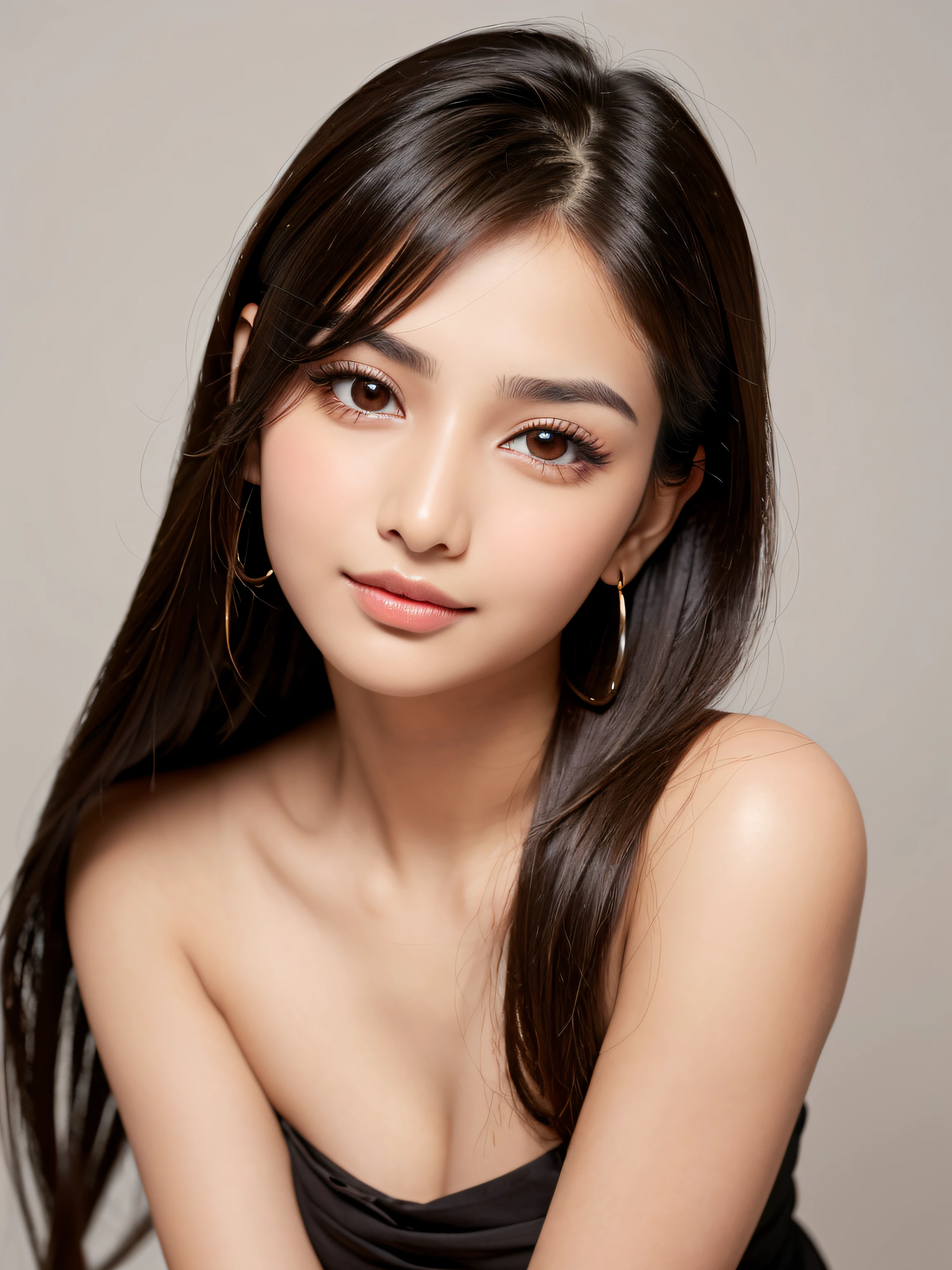 A woman with long hair and big hoop earrings posing for a picture ...