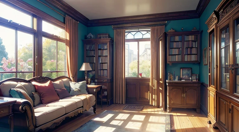 ((Masterpiece, hiquality, absurd work of art, Best Quality, hight resolution, Ultra-detailed), intricate detials, Modern cozy office, bar with drinks and bottles, computer desk, computer, documents and books on the table, lamp on the table, chair, Large fluffy carpet on the floor, There are curtains on the window, bookshelf, A lot of books, cozy sofa, TV on the wall, Flower on the windowsill, Without people, NOhumans,