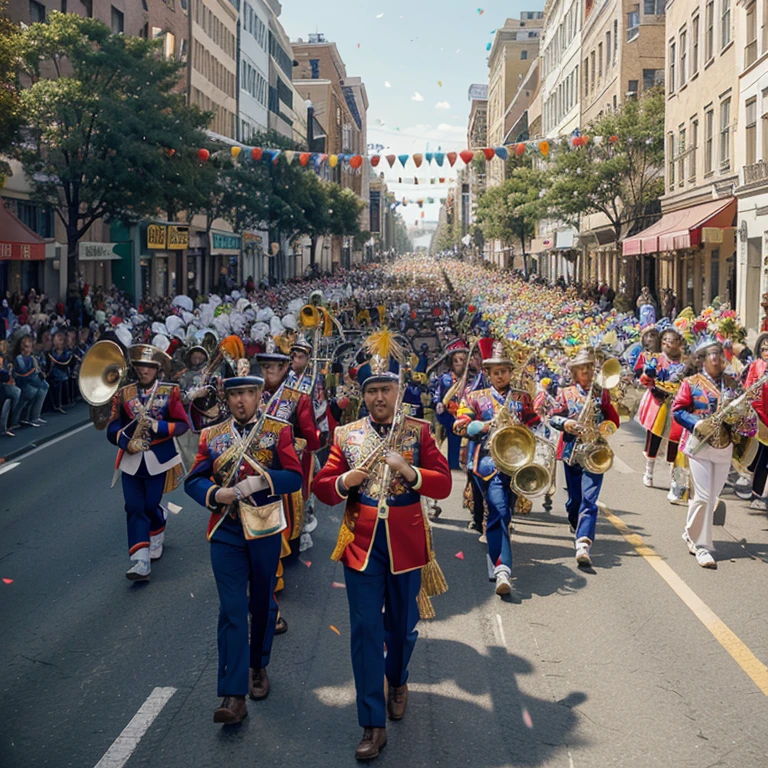 A classic colorful saturated big marching band parading down the street in a parade with instruments lots of people confetti wide shot far parade floats