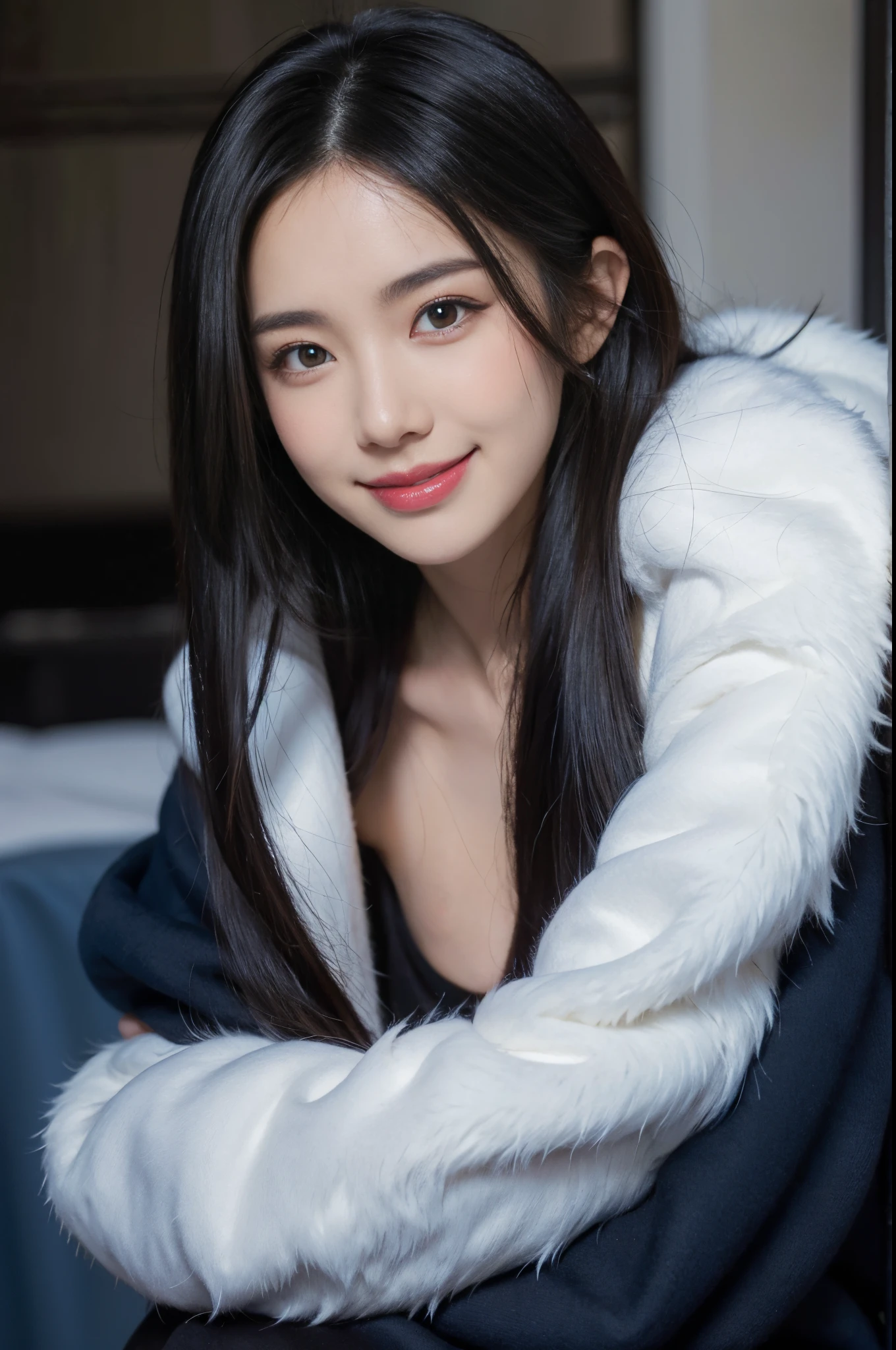 makeup to face, dark blue long hair, strong sunray, smiling