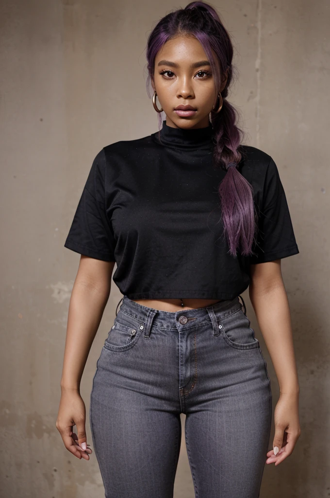 full body a brown african korean woman with light purple hair, ponytail hairs, wearing jeans black outfit, extra big butt, bronze tone, doll like face, korean eyes, pink lips, realistic photography