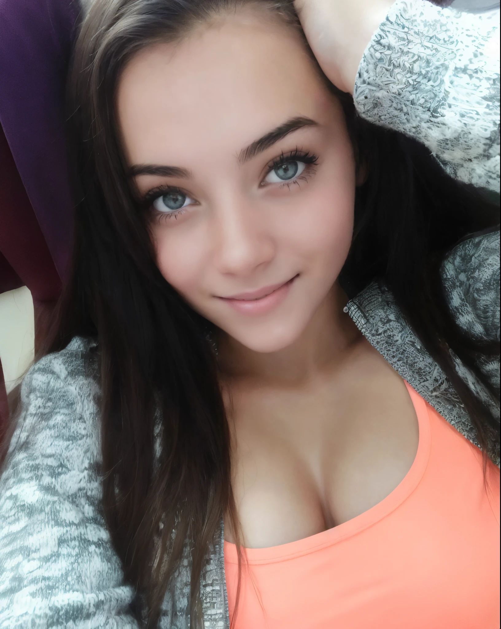 ((1 spanish girl)), (Laia Manzanares) (tween model, 20 years old, young)), ethereal beautiful, beautiful grey eyes, sexy smile ((teeth visible)) , ((head slightly tilted to the side but looking flirty into the camera)), long straight hair, fit body, extremely big breast, busty chest, sexy teasing pose on bed, leaning forward towards camera showing boobs, looking into camera lovingly, wearing coral pink very tight see-through hoodie ((little unzipped)), exposed cleavage ((big)), tiny underpants, soft light ((David Hamilton style)), full body picture, masterpiece, best quality, photo-realistic, 8k, high resolution, ultra realistic detailed skin, 8k uhd, dslr, soft lighting, high quality, film grain, Fujifilm XT3