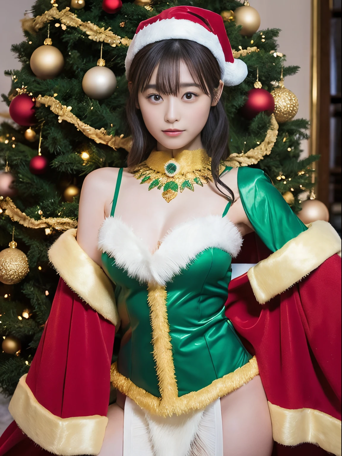 beautfull Japanease woman,(green and gold santa claus costume:1.5),Christmas tree,Black hair, surrealism, F/1.2, 35 mm, Fuji Film, 8K, Super Detail, nffsw, masutepiece, ccurate, Anatomically correct, Textured skin, Super Detail, high details, High quality, Best Quality, hight resolution
