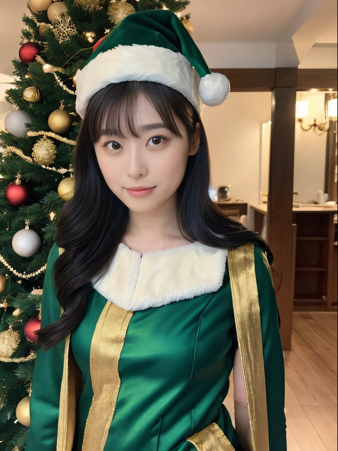 beautfull Japanease woman,(green and gold santa claus costume:1.5),Christmas tree,Black hair, surrealism, F/1.2, 35 mm, Fuji Film, 8K, Super Detail, nffsw, masutepiece, ccurate, Anatomically correct, Textured skin, Super Detail, high details, High quality, Best Quality, hight resolution