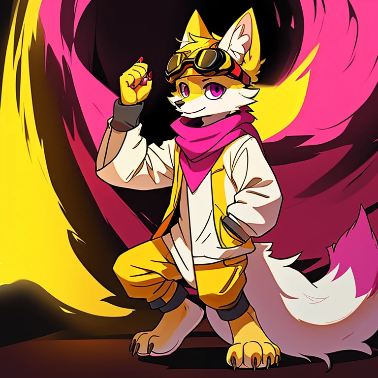 (A character), (Fox with yellow fur and white chest), (under the snout is white), (yellow fur), (tip of the tail white), (wears a magenta sweater), (light blue scarf), ( yellow cap with orange visor), (orange visot), (magenta eyes), (slender and fit body), (appears apparently thin but strong), (relaxed expression), (male), (medium height), (solitary), (solo), (white eyebrows), (yellow legs), (yellow hat), (golden fur), (golden yellow fur), (small dark yellow claws), (4 toes on his paws), (magenta eyes), fluffy, (fluffy fur), goggles, (black glass goggles)