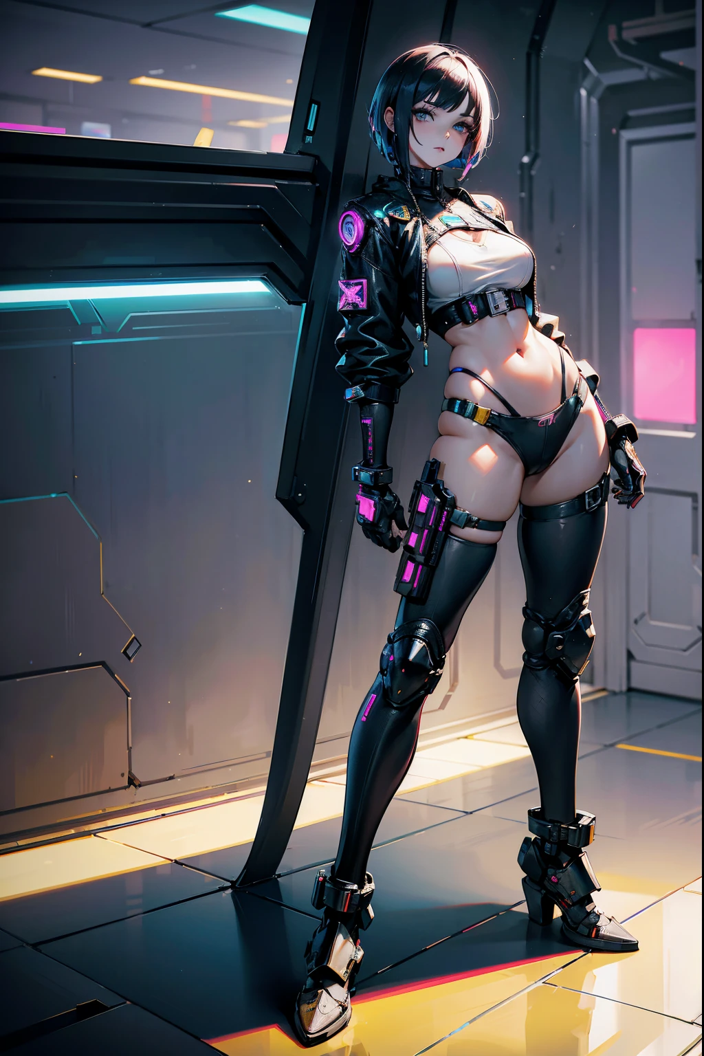 "Full body representation (from feet to head), frontal, 1girl, beautiful cyberpunk princess dressed in armor and short hair. The image must be hyper-realistic, with an extremely detailed face. Texture resolution must be 16k."