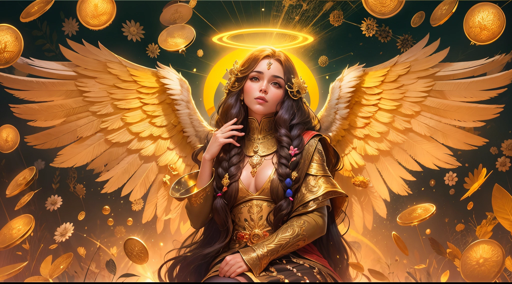 closeup do uma jovem mulher anjo, com grandes asas, religioso, Comportado, perfeito e realista, Roupas verdes e vermelhas, Detalhes em ouro, Biblical garments, long hair with braids, sitting with a pot of gold in his hands, com asas grandes de ouro e coloridas, um jardim de trevos de 4 folhas, dinheiro, gold dollar siphon symbol, Background of gold pieces, chuva de ouro, Green money falling from the sky, loteria, realista, perfeito, sorteio de loteria, Lottery Grand Prize, The angel of abundance also called Abundia, Abundantia, anjo mulher com grandes asas, abundia com uma cesta de ouro, ABUNDIA O ANJO DA FORTUNA, anjo da riqueza, arcanjo, ouro, Chest with treasures,