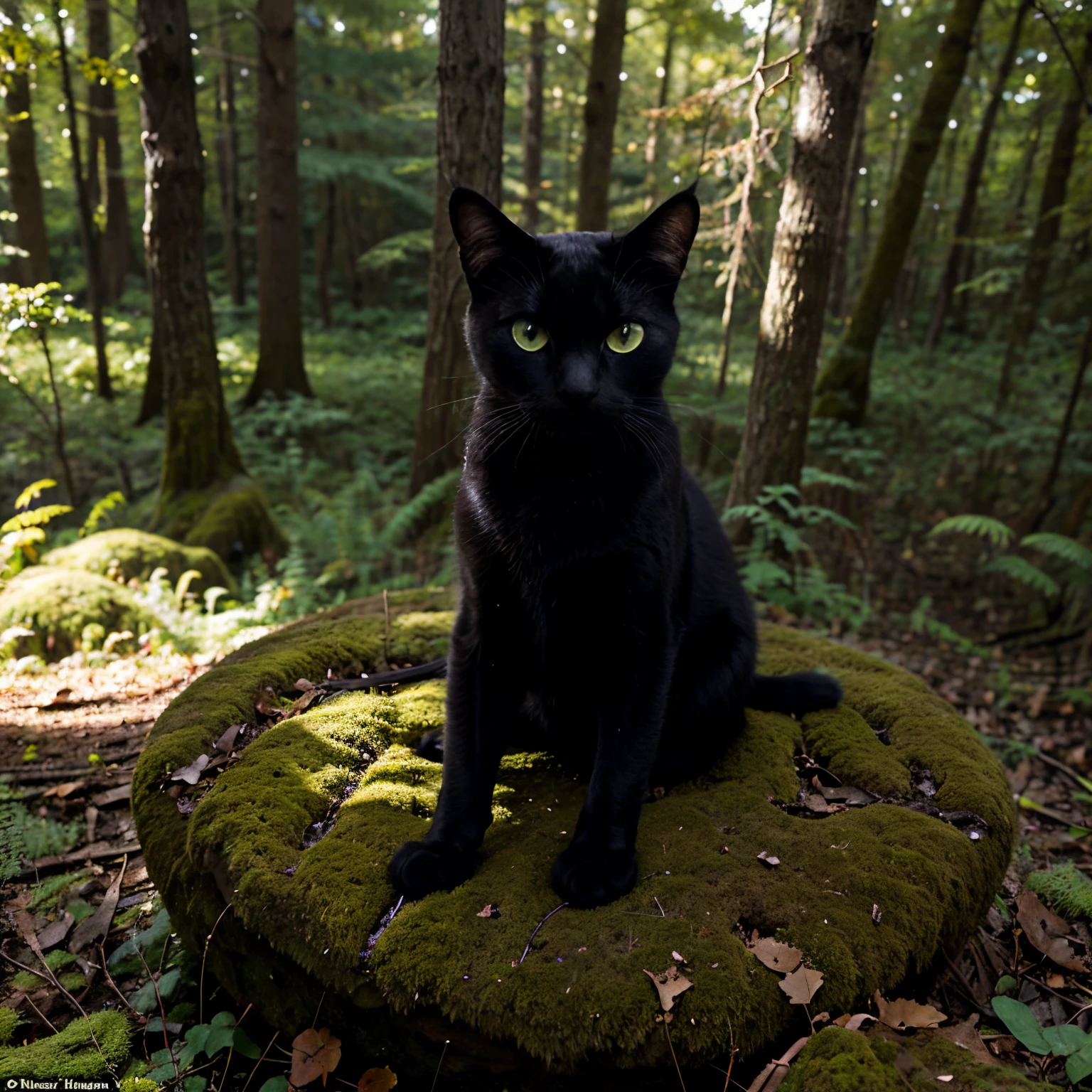 A black cat with glowing eyes that are yellow sitting on a mossy rock in a forest
