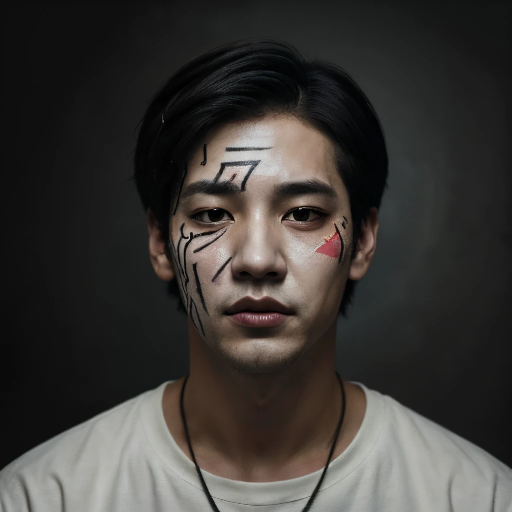 there a man with his face painted on his face, an album cover inspired by Chen Chi, tumblr, tachismo, Wonbin Lee, Toca, Fanart oficial, Foto de portada, Aesthetics of Jinyoung Shin, jungkook, foto negra, entrepierna, Yoongi de pelo negro, Arte Oficial, Jinyoung Shin, Hyung Tae, Ilustraciones oficiales, death note, promo still