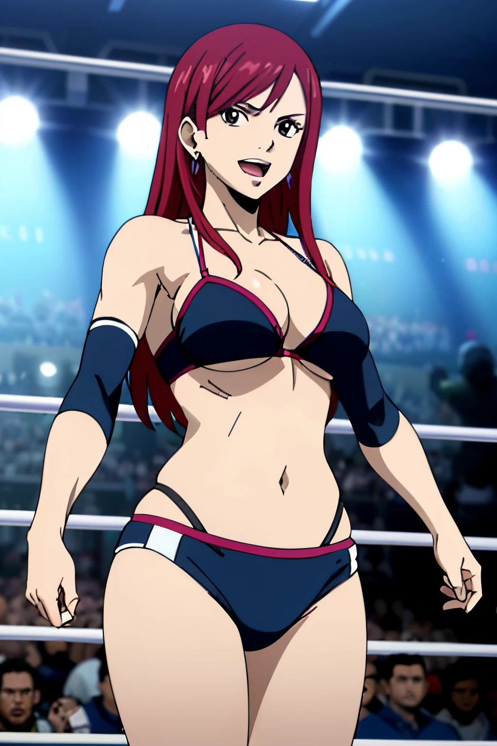 ((sport bikini, center body view)), (very little biceps), (((very detailed wrestling ring with three wires, titration screen))), spotlights, please prioritize (best quality, 8k, highres, masterpiece:1.2), ultra-detailed, and (realistic, photorealistic, photo-realistic:1.37) rendering. ((looking at the viewer)), ultra detailed face, perfect anatomy, 8k, perfect body proportions, highest quality, 1girl, solo, happy, smile, ERZASCARLET, cleavage, off-shoulder, tall girl, (shiny hair), detailed red hair, open mouth, very big eyes, long belly, wide shoulders, For the image quality, To enhance the visuals, add HDR, UHD, studio lighting, ultra-fine painting, sharp focus, physically based rendering, extreme detail description, professional, vivid colors, fingerless gloves, elbow pad, earring, diffusion