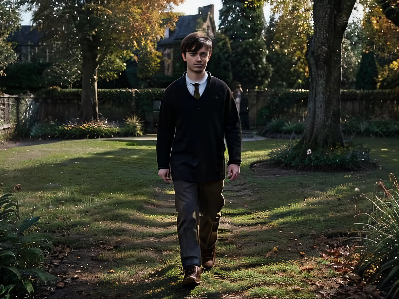 Daniel Radcliffe, In ordinary clothes, walks in the autumn garden, among the trees, art realistic high quality, Hogwarts style, Charismatic character