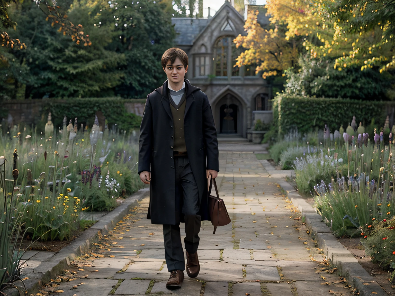 Daniel Radcliffe, In ordinary clothes, walks in the autumn garden, art realistic high quality, Hogwarts style, Charismatic character