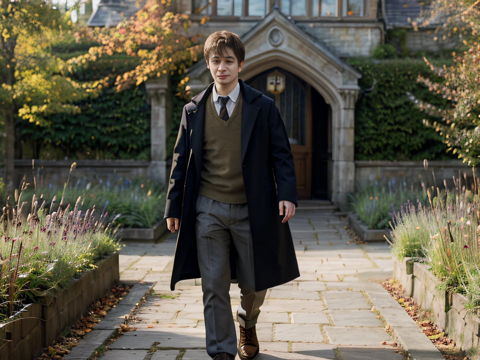 Daniel Radcliffe, In ordinary clothes, walks in the autumn garden, art realistic high quality, Hogwarts style, Charismatic character