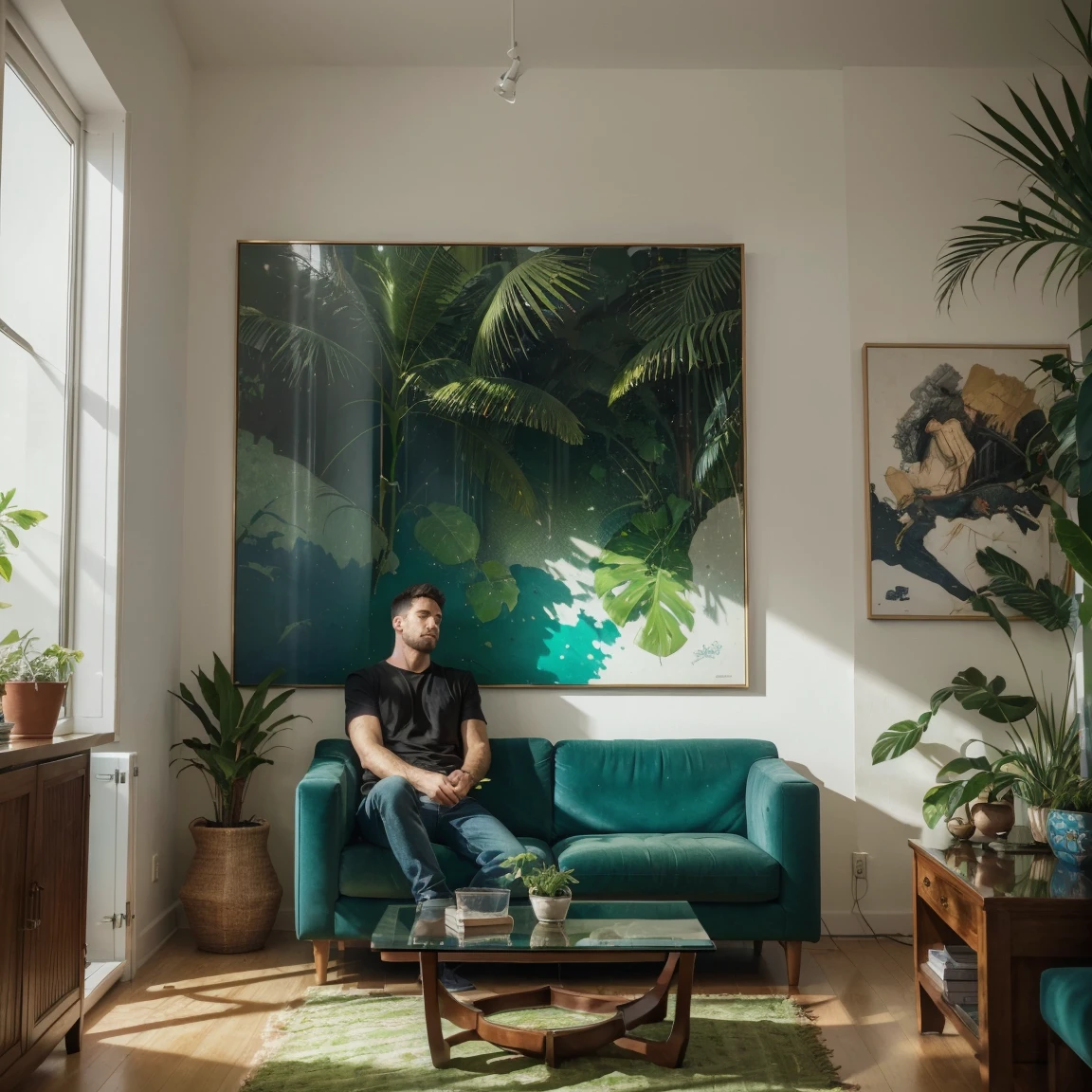 (best quality,4k,8k,highres,masterpiece:1.2),ultra-detailed,(realistic,photorealistic,photo-realistic:1.37),man watching a box on the TV,smoking a bongo,(relaxed, casual) atmosphere,guy enjoying the moment,wide living room scene,modern apartment interior,floor-to-ceiling windows,soft natural lighting,comfortable sofa,indoor plants (lush green foliage),contemporary artwork on the wall,vivid colors,blue color palette,unique art style,medium: surrealism,bubbles floating in the air,clouds forming inside the room,dreamlike ambiance