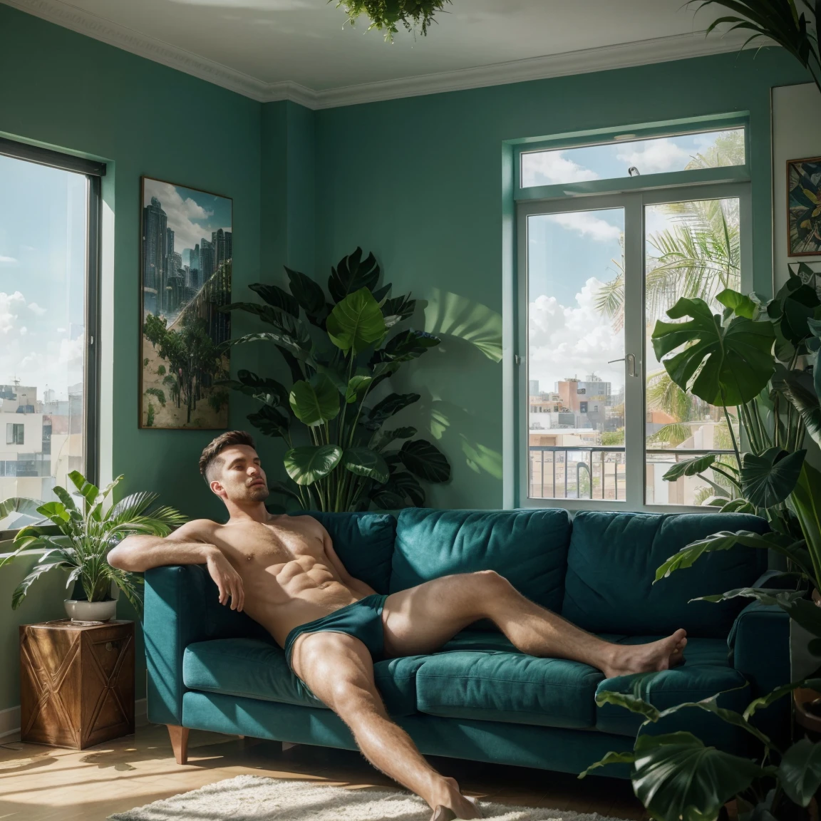 (best quality,4k,8k,highres,masterpiece:1.2),ultra-detailed,(realistic,photorealistic,photo-realistic:1.37),man watching a box on the TV,smoking a bongo,(relaxed, casual) atmosphere,guy enjoying the moment,wide living room scene,modern apartment interior,floor-to-ceiling windows,soft natural lighting,comfortable sofa,indoor plants (lush green foliage),contemporary artwork on the wall,vivid colors,blue color palette,unique art style,medium: surrealism,bubbles floating in the air,clouds forming inside the room,dreamlike ambiance