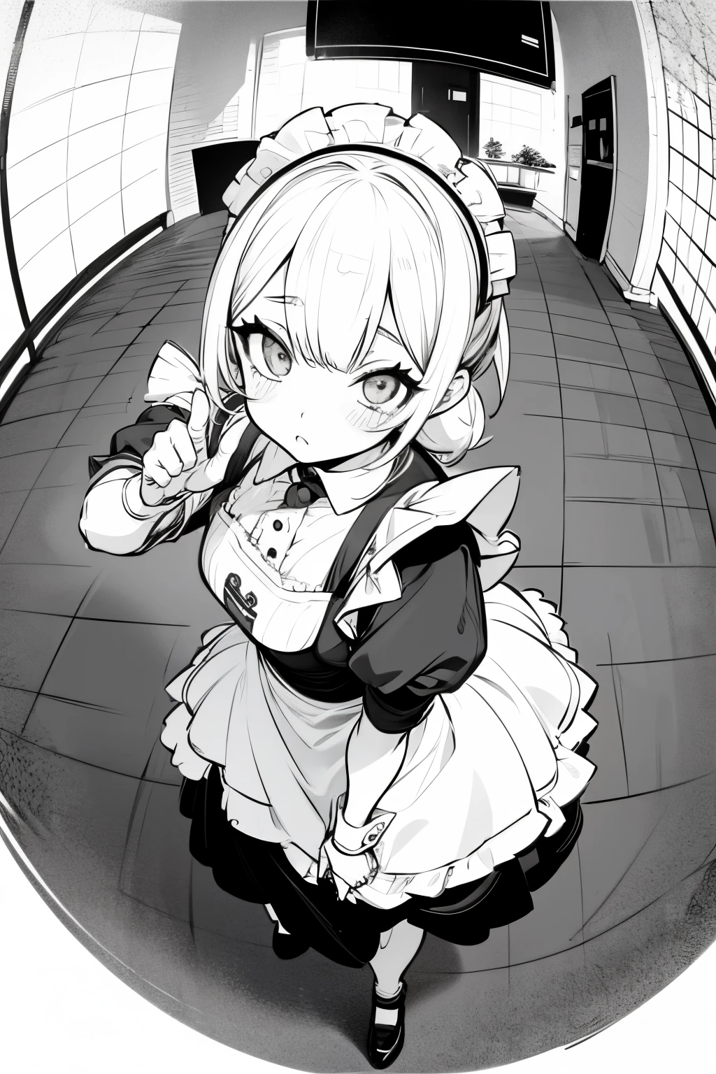 perspective, random pose, maid, maid costume, 1girl,  girl, monochrome, thick line