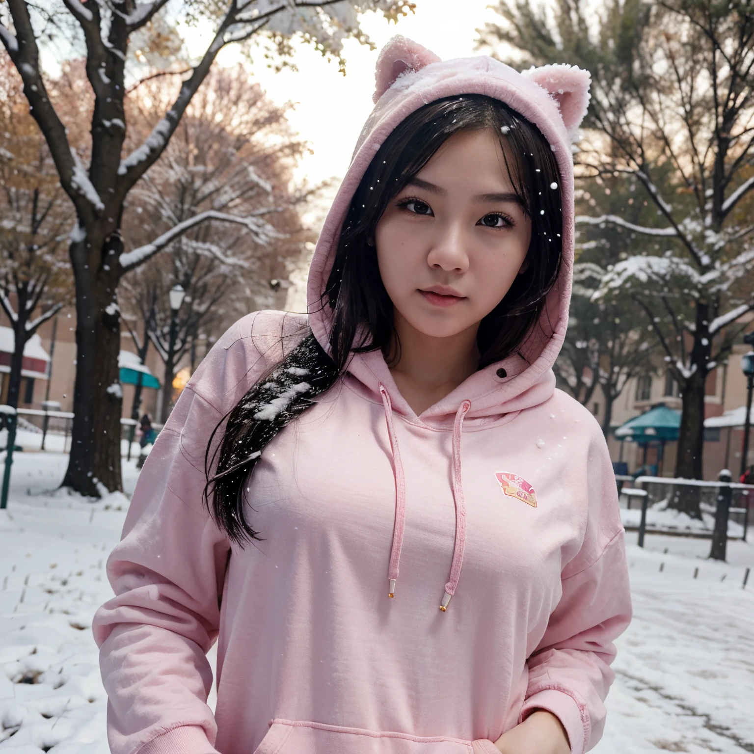 21year old, chinesse gamer girl, cute , big chest ,fit body ,super realistic picture , in a pink hoodie , in a park, December, snowing ,